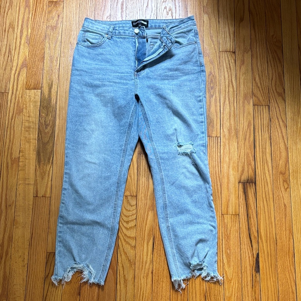 Fashion Nova Light Blue Boyfriend Jeans with Distressed Hem
